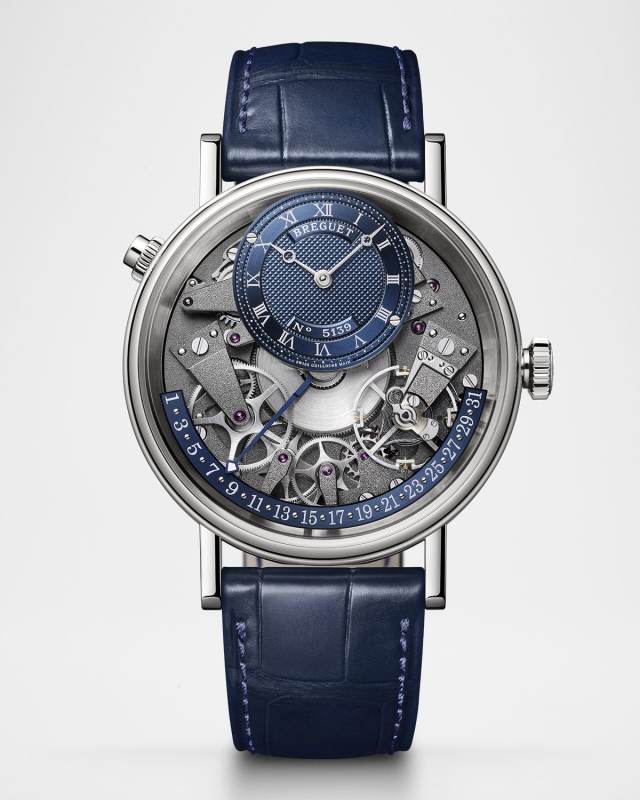 Tradition 18K White Gold 40mm Skeleton Watch with Alligator Strap